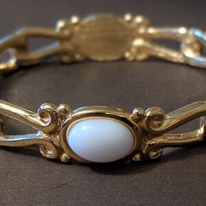 Vintage Gold Tone White Cabochon Victorian Style Bangle Bracelet